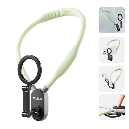 TELESIN° Magnetic Neck Mount for Phones, Cell Phone Holder Stand Hanging on Neck POV/Vlog Selfie Hand Free Necklace Phone Strap Video Recording for iPhone 15 14 13 12 Seires Android Phones (Green)