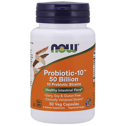 NOW Supplements, Probiotic-10, 50 Billion, with 10 Probiotic Strains, Strain Verified, 50 Veg Capsules