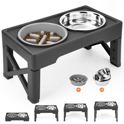 Elevated Dog Bowls with Slow Feeder, 4 Adjustable Heights Raised Dog Bowl Stand with Two 1.3L Stainless Steel Food & Water Bowls, Adjusts to 2.8, 8.6, 10.2, 11.8 for Large Medium, Small Dog & Cats
