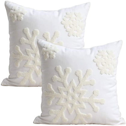 Elife 18x18 Soft Canvas Christmas Winter Snowflake Style Cotton Linen Embroidery Throw Pillows Covers w/Invisible Zipper for Bed Sofa Cushion Pillowcases for Kids Bedding (1 Pair, White)