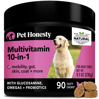 Pet Honesty Dog Multivitamin - 10 in 1 Dog Vitamins for Health & Heart - Fish Oil for Dogs, Glucosamine, Probiotics, Omega Fish Oil - Dog Vitamins and Supplements for Skin and Coat (Chicken 90 ct)