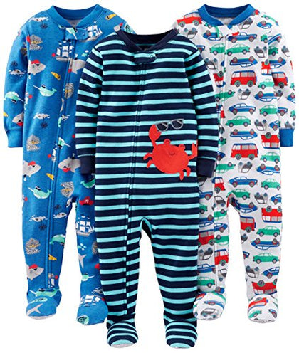 Simple Joys by Carter's Baby Boys' Snug-Fit Footed Cotton Pajamas, Pack of 3, Blue Sea Life/Navy Stripe/White Cars, 12 Months