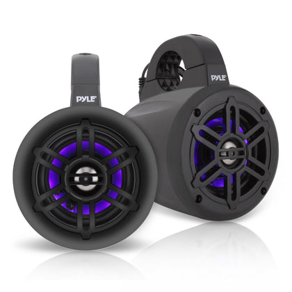 Pyle Waterproof Marine Wakeboard Tower Speakers - 4 Inch Dual Subwoofer Speaker Set w/ 300 Max Power Output - Boat Audio System w/Built-in LED Lights - Mounting Clamps Included PLMRLEWB46B (Black)