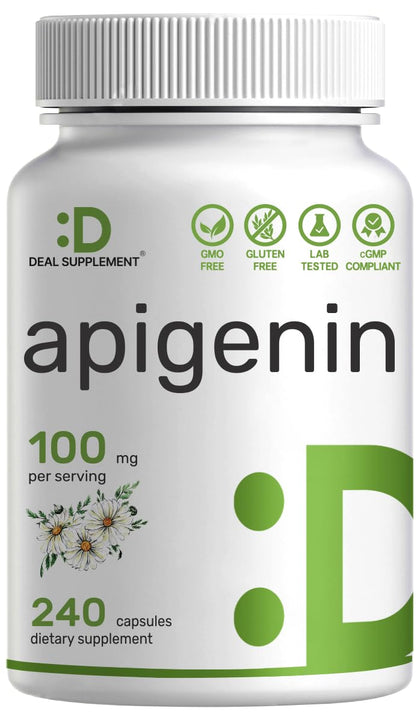 Apigenin, 100mg Per Serving, 240 Capsules - Raw Plant Extract from Chamomile Flower - Active Bioflavonoids & Antioxidants - Sleep & Relaxation Supplement - Non-GMO