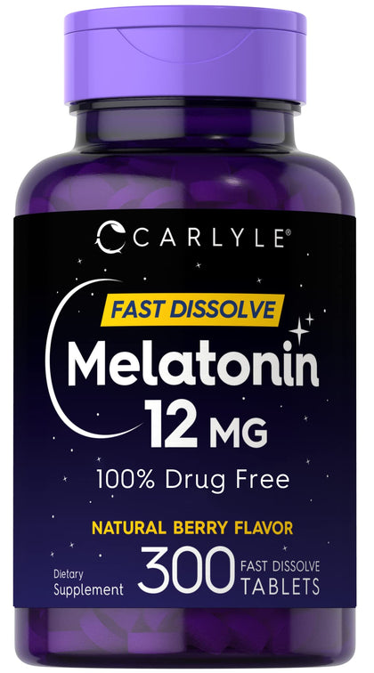 Carlyle Melatonin 12 mg Fast Dissolve 300 Tablets | Drug Free | Natural Berry Flavor | Vegetarian, Non-GMO, Gluten Free