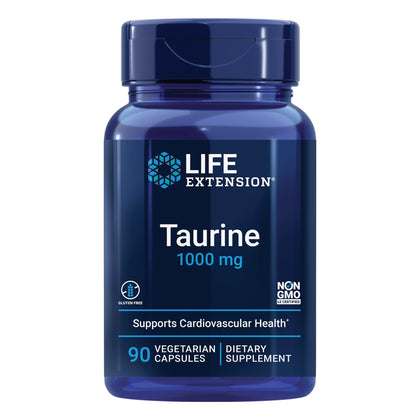 Life Extension Taurine, Pure taurine amino acid supplement, heart, liver and brain health, longevity, muscle and exercise, 1000 mg dose, Non-GMO, gluten-free, vegetarian, 90 vegetarian capsules