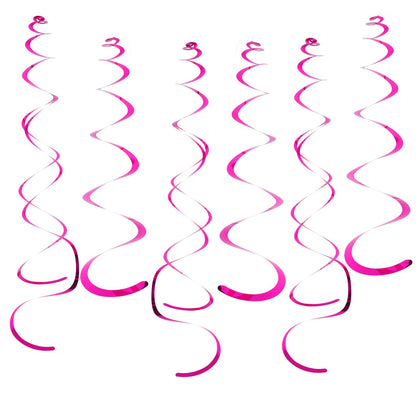 Fumwase 30 PCS Party Swirl Decorations Hot Pink Shinny Foil Hanging Swirl Decorations with Double-Swirls and Single-Swirls Plastic Streamer for Ceiling Plastic Metallic Streamer for Party Decorations