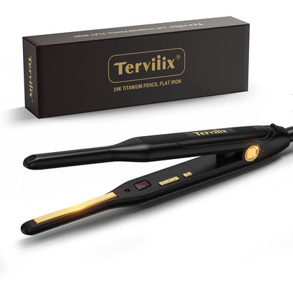 Terviiix 24K Titanium Pencil Flat Iron with LCD Display, 3/10'' Mini Hair Straightener with Adjustable Temp, Small Straightening Irons for Men, Touch Ups/Pixie Short Hair/Beard/Bangs/Edges/Baby Hair