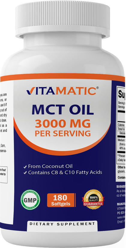 Vitamatic MCT Oil 3000 mg per Serving - 180 Softgels - from Coconut Oil - Contains 55% caprylic Acid C8 and 40% capric Acid C10