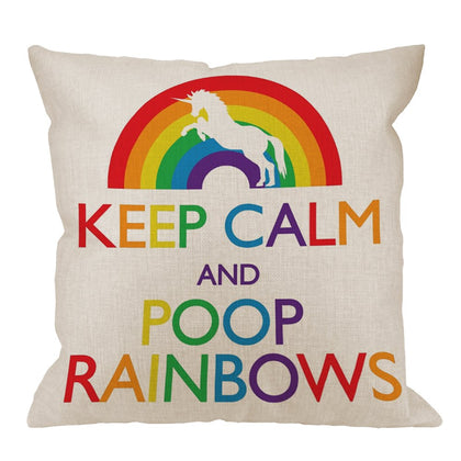 HGOD DESIGNS Throw Pillow Case Keep Calm And Poop Rainbows Unicorn Cotton Linen Square Cushion Cover Standard Pillowcase for Men Women Home Decorative Sofa Bedroom Livingroom 18 x 18 inch