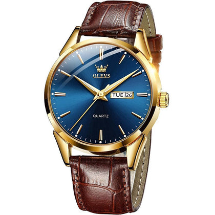 QBAIZI Watches for Men Leather Band Luxury Gold Blue Men's Wrist Watches Day and Date Nice Minimalist Dress Analog Watch Men Waterproof Relojes para Hombres