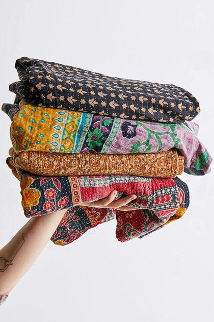 Royal Craft Indian Vintage Kantha Quilt Handmade Throw Reversible Cotton Blankets 1 Quilt Assorted Colors RCKQT0096 RCKQT0096 55X85 Inches