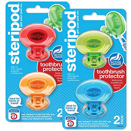 Steripod Clip-On Toothbrush Protector, Keeps Toothbrush Fresh and Clean, Fits Most Manual and Electric Toothbrushes, Blue, Green, Red, Orange, 4 Count