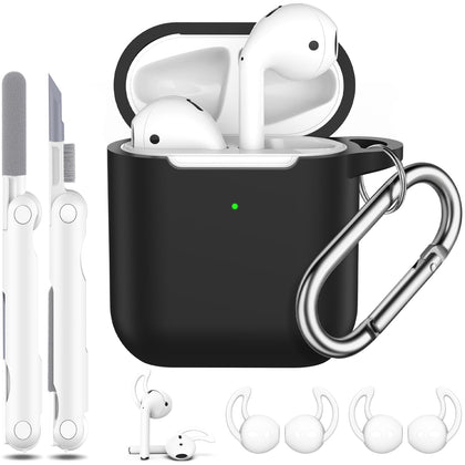 R-fun AirPods 2nd Generation & 1st Generation Case Cover with Cleaner kit and Earbuds Hook Cover (2Pairs),Soft Silicone Protective Case for Apple AirPods- Black
