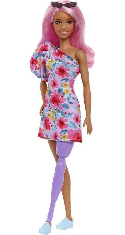 Barbie Fashionistas Doll #189 with Prosthetic Leg, Pink Hair, Floral Dress, Sneakers & Sunglasses Accessory