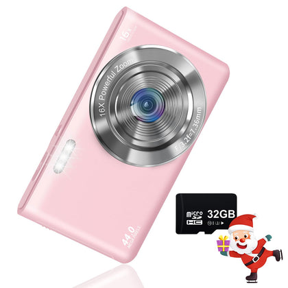 Digital Camera, VJIANGER 4K Digital Camera for Kids with 32GB SD Card 16X Digital Zoom, Compact Point and Shoot Camera Portable Small Camera for Teens Students Boys Girls Seniors(X3-Pink3)
