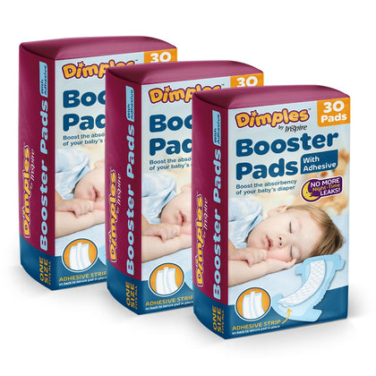 Dimples Booster Pads, Baby Diaper Doubler with Adhesive - 1 Size Fits All Diapers - Boosts Diaper Absorbency - No More leaks 90 Count (with Adhesive for Secure Fit)