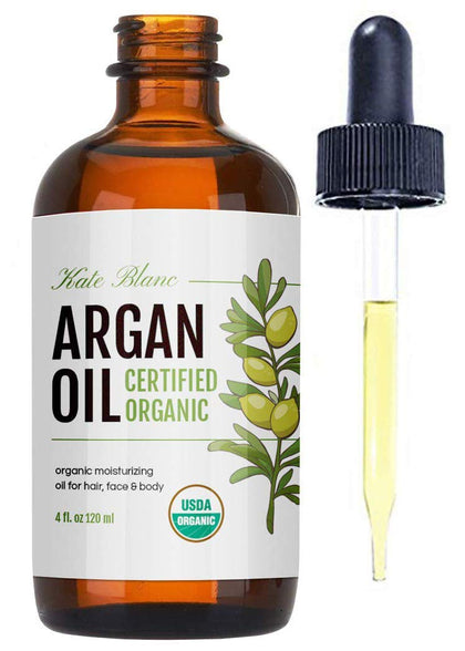 Kate Blanc Cosmetics Argan Oil for Hair and Skin (Light 4oz) 100% Pure Cold Pressed Organic Argan Hair Oil for Curly Frizzy Hair. Stimulate Growth for Dry Damaged Hair. Moroccan Skin Moisturizer