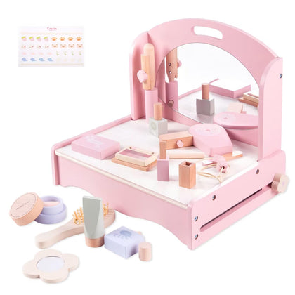 TUKELER Wooden Makeup Toy Set with Mirror&Table, Toddler Makeup Vanity,Portable Pretend Beauty Salon Play Set, Nontoxic Paint, Great Gift for Girls Ages 3+