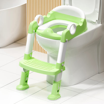 Potty Training Toilet Seat with Step Stool Ladder for Boys and Girls,Toddler Kid Children Toilet Training Seat Chair with Handles,Height Adjustable,Non-Slip Wide Step(Green)