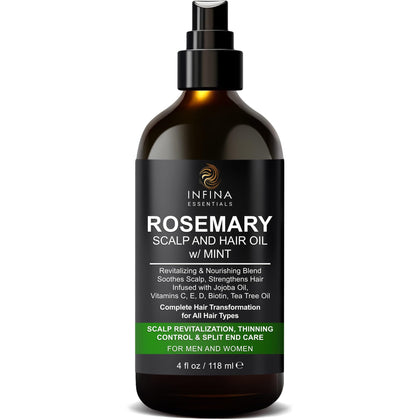 INFINA ESSENTIALS Rosemary Scalp & Hair Oil for Dry Damaged Hair and Growth w/Mint, Biotin, Tea Tree Oil & Coconut - Nourishing Treatment for Stronger Hair and Soothed Scalp, 4 fl oz