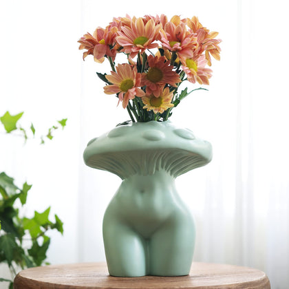 GUGUGO Mushroom Female Body Vase for Decor, Quirky Unique Cute and Funny Boho Decor for Home and Bathroom, Mushroom Butt Vase for Flower, Modern Home Aesthetics for Decorating, Sage Green