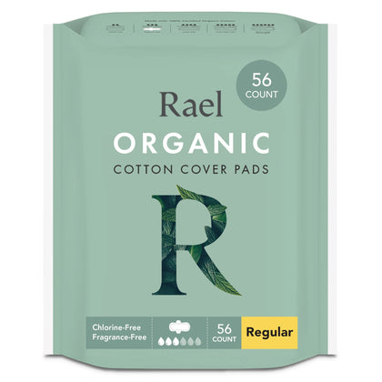 Rael Organic Cotton Cover Pads - Regular Absorbency, Unscented, Ultra Thin Pads with Wings for Women (56 Total)