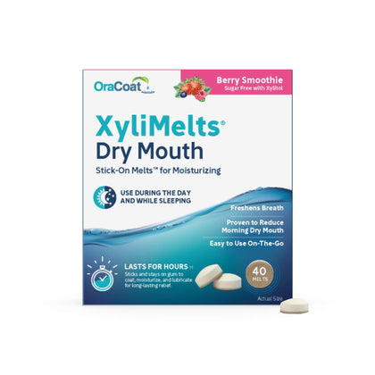 Oracoat XyliMelts Dry Mouth Relief Moisturizing Stick-On Melts Berry Smoothie with Xylitol, for Dry Mouth, Stimulates Saliva, Non-Acidic, Day and Night Use, Time Release, 40 Count