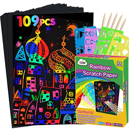 ZMLM Rainbow Scratch Paper Kit: 117Pcs Magic Art Craft Stuff Supplies Black Drawing Pad for Age 3-12 Kids Children Girl Boy DIY Toy Activity Educational|Party Faver|Christmas Birthday Gifts