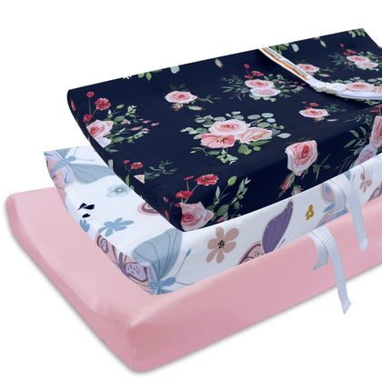 AMROSE 3 Pack Easy Care Changing Pad Covers, Ultra Soft Microfiber Diaper Change Table Sheets for Baby Boys and Girls, Floral & Butterfly & Pink