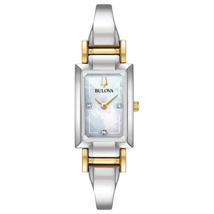 Bulova Ladies' Classic Diamond Dial Quartz Stainless Steel Watch, Rectangle, Mother-of-Pearl, Two Tone Gold