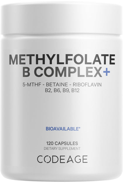 Codeage Methylfolate B Complex Supplements - 5 MTHF, Methylcobalamin 1000mcg Methylated Vitamin B12, Riboflavin, Betaine, Vitamins B6, Methylation Cycle MTHFR - 2 Months - 120 Capsules