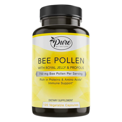 Pure By Nature Bee Pollen Supplement with Propolis & Royal Jelly for Immune Support, Antioxidant Properties, 120 Non-GMO Vegetarian Capsules