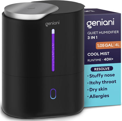 GENIANI Ultrasonic Cool Mist Humidifier for Bedroom, Large Rooms, Home, 4L - Easy Fill & Clean Humidifier for Plants w/Auto Shut-off, 40H Runtime - Quiet, Top Fill Air Humidifier & Vaporizer for Baby