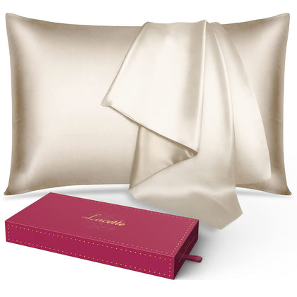 Lacette Silk Pillowcase for Hair and Skin, 22 Momme 6A Soft Silk Pillow Case with Hidden Zipper, Gift Box, 600 Thread Count, Double Side Silk/Wood Pulp Fiber, 1PC (Champagne, Standard Size 20