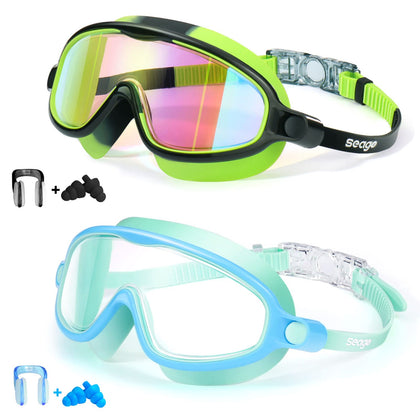 Seago Swim Goggles 2 Pack Anti-Fog Anti-UV Wide View UV Protection, Adjustable Swimming Goggles for Kids 3-15, Light Blue & Black, Green