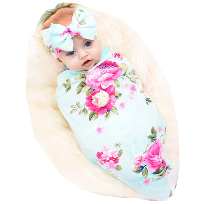 Galabloomer Receiving Blanket Headband Set Flower Print Baby Swaddle Receiving Blankets