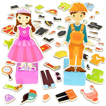 Imagination Generation Zoey & Joey Magnetic Dress-up Playset - Mix-and-Match 65 Pieces Including Clothes, Hats, & Accessories - Wooden Wonders Toy