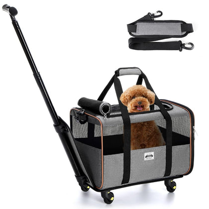 Lekereise Cat Dog Carrier with Wheels Airline Approved Rolling Pet Carrier with Telescopic Handle and Shoulder Straps, Grey