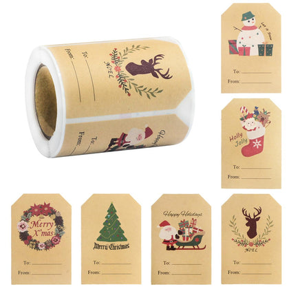 Christmas Gifts Wrapping Tags to from Stickers 200PCS Kraft Self Adhesive Gift Tags Paper Name Gift Tags for Presents Santa Xmas Merry Christmas Happy Holiday and Snowmen Gift Tags Stickers
