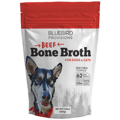 BLUEBIRD PROVISIONS Bone Broth for Dogs - High Protein Dog Food Topper - Delicious Dog Toppers for Dry Food - Human Grade Bone Broth for Cats - Dehydrated Beef Cat Food Topper - 7.1 oz Pack