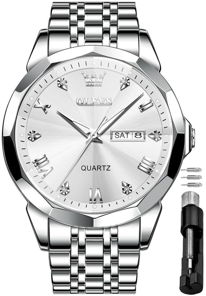 OLEVS Men Watches Business Dress Diamond Analog Quartz Date Luxury Wrist Watch Silver Casual Stainless Steel Waterproof Luminous Two Tone Watch for Men