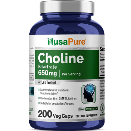 NusaPure Choline Bitartrate 650 mg 200 Veggie Capsules (Vegetarian, Non-GMO & Gluten-Free)