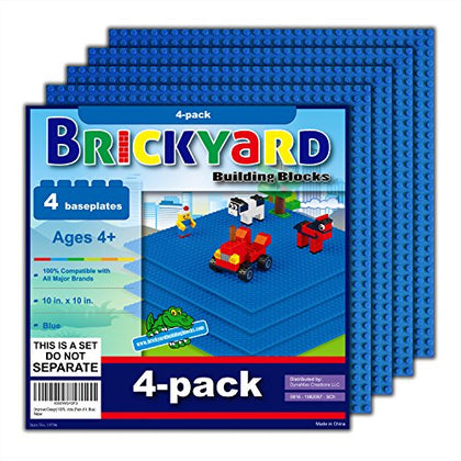 Brickyard Building Blocks Lego Compatible Baseplate - Pack of 4 Large 10 x 10 Inch Base Plates for Toy Bricks, STEM Activities & Display Table - Blue