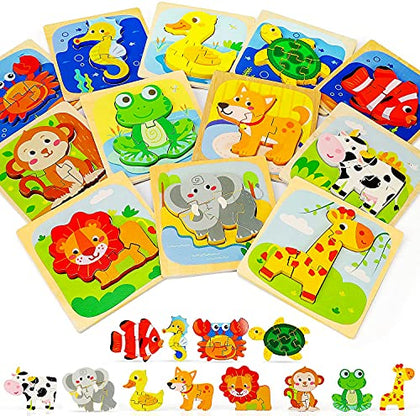 TOY Life Wooden Animal Puzzles for Toddlers 1-3, 12 Pack Baby Puzzle for Kid Age 1-3, Montessori Toys for 1 2 3+ Year Old, STEM Educational Learning Toy for 1 2 3+Year Old Boys Girls