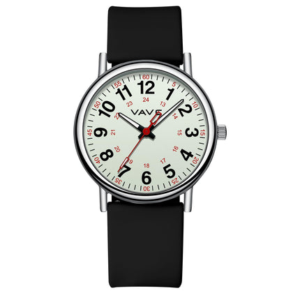 VAVC Waterproof Analog Nurse Watch for Nurses,Students,Medical Professionals,Women Men,with Luminouse Easy Read Dial,Military Time,Second Hand and 24 Hour,Comfortable Black Silicone Band.