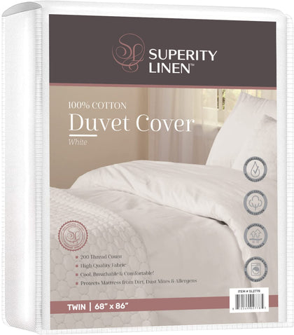 Superity White Twin Duvet Cover - 100% Cotton Breathable & Comfortable Fabric, Protects Mattresses from Dirt, Dust & Dander - Twin Size Duvet Cover (68x86)