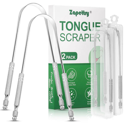 Zapettry 2 Pack Tongue Scraper, Bad Breath Treatment Metal Tongue Scraper for Adults, Professional Tongue Cleaner for Oral Care, 100% 304 Stainless Steel Tongue Scrapers with Case