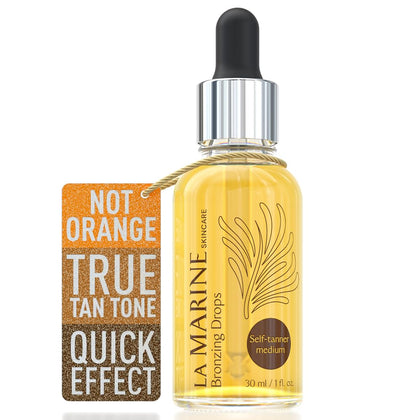 LaMarine Skincare Sun-Kissed Glow Self-Tanning Drops for Face - Medium Bronzer with Sunless Tanner Effect, Liquid Facial Bronzing Solution - Natural Looking Face Tan with Self-Tanning Drops