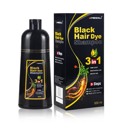 Bablabear MEIDU Black Hair Dye Shampoo, Semi-Permanent Gray Coverage for Women and Men, 3 in 1 with Natural Ingredients, Lasts 30 Days/500ml